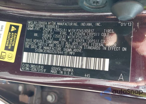 2013 Toyota Highlander Plus/Se from USA, damaged, VIN 5TDBK3EH6DS207644